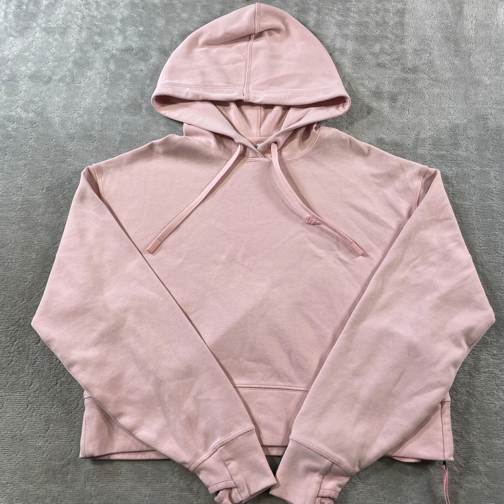 Lacoste Cropped Hoodie Women 36 Small Pink Loose‎ Fit Side Zip Pocket Thumbholes